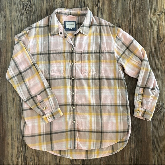American Eagle Flannel Shirt Womens Medium Pink Tan Yellow Plaid Pearl Snap L/S - Picture 1 of 10